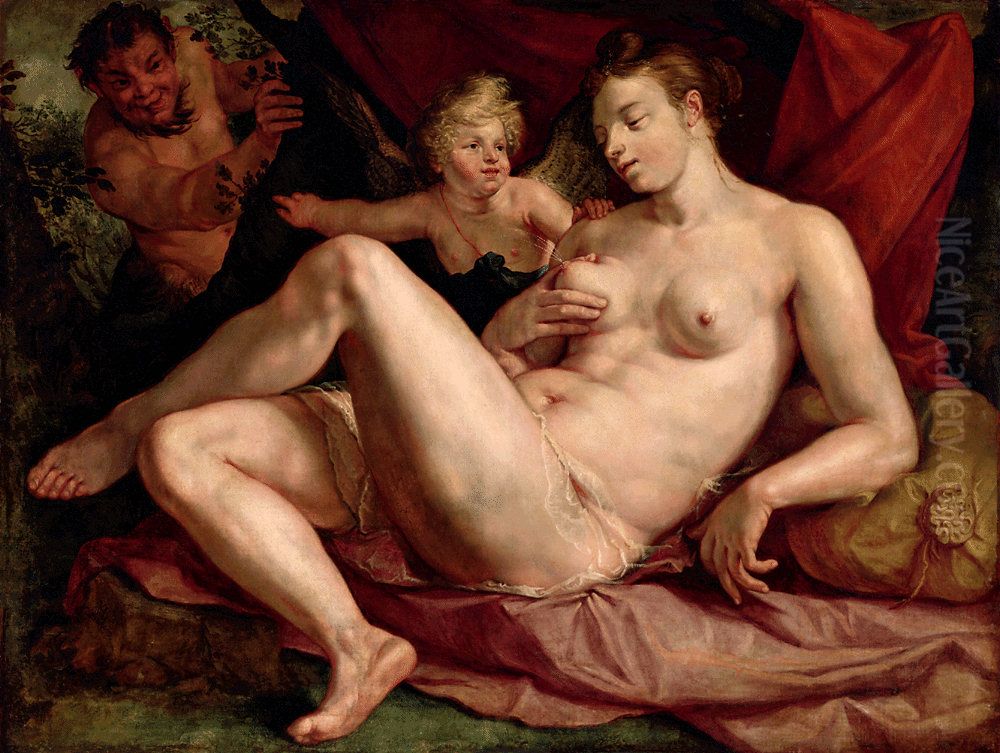 Venus et l'Amour epies par un satyre, dit autrefois Jupiter et Antiope.[1] Oil Painting by Goltzius Hendrick