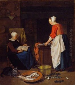 Maidservant cleaning fish and a sleeping old woman