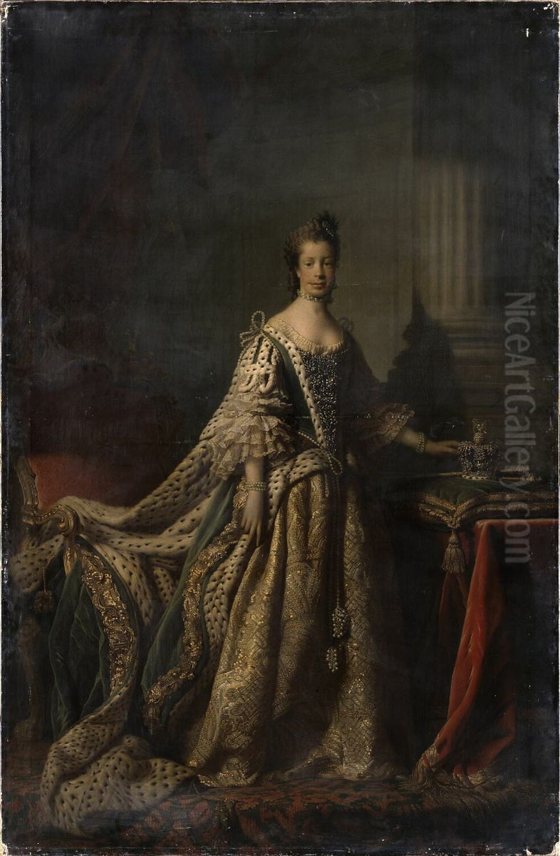 Portrait de la reine Charlotte (1744-1818), en robe de couronnement Oil Painting by Allan Ramsay