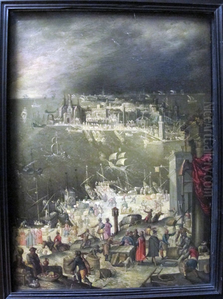 View of a Seaport Oil Painting by Anton Mozart