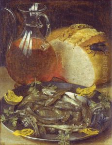 Nature morte au flacon de vin et aux petits poissons