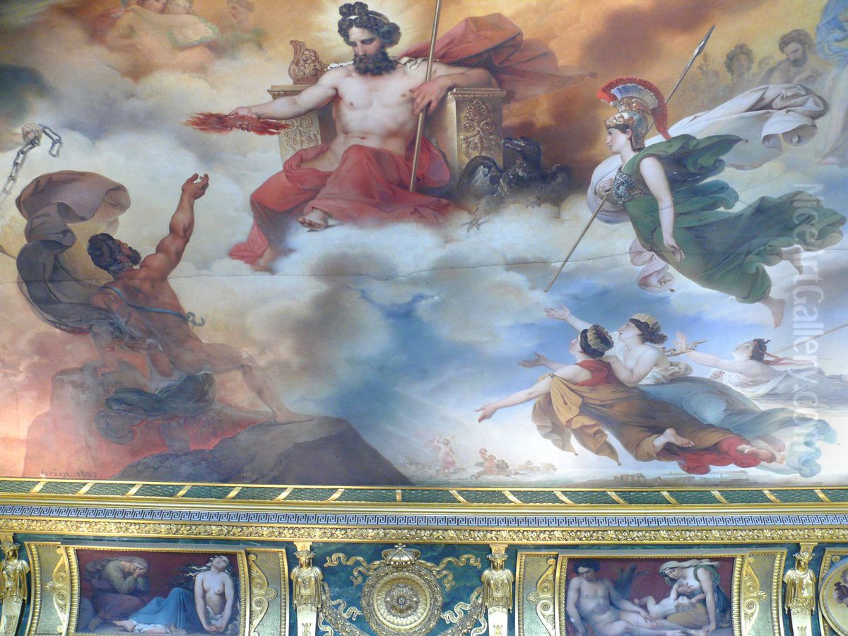 Le Vesuve personnifie recoit de Jupiter le feu qui doit consumer les villes d'Herculanum, de Pompei et de Stabies. Esquisse de plafond. Oil Painting by Francois Joseph Heim