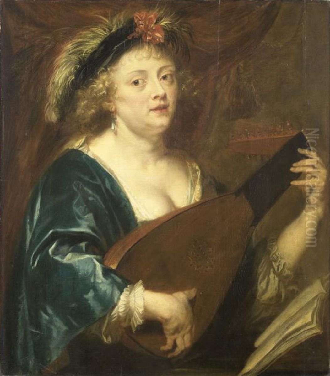 Portrait of a woman playing a lute Oil Painting by Jan van den Hoecke