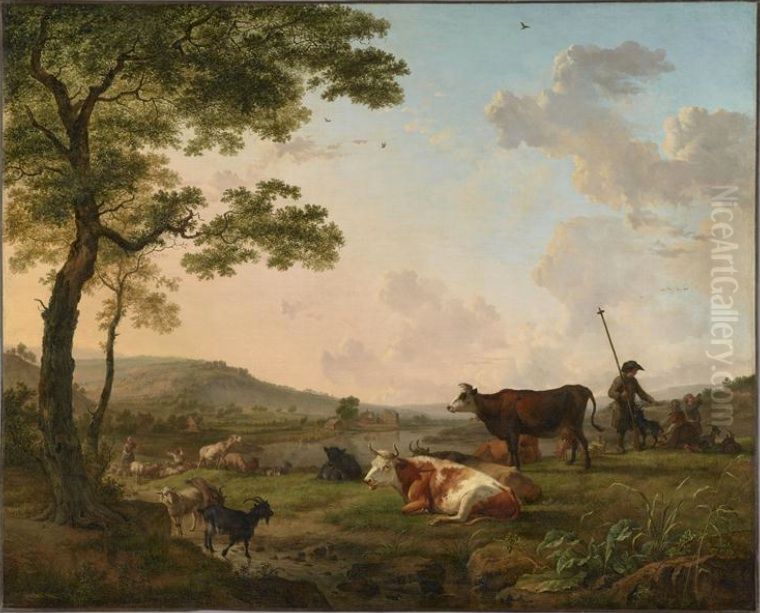 Herd in a meadow near a river Oil Painting by Balthasar-Paul Ommeganck