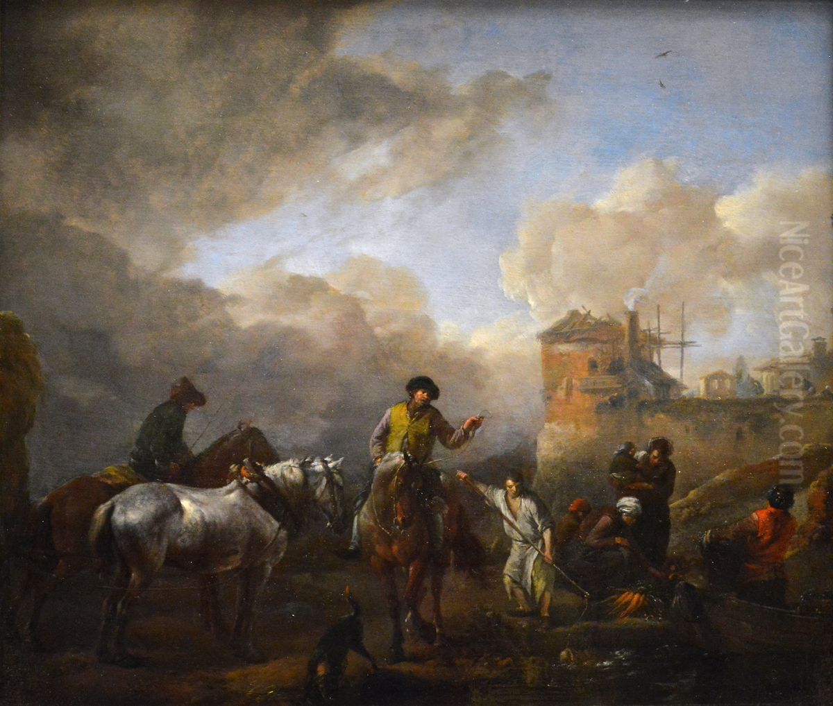 Charrette de foin et paysans au bord d'une riviere, recevant des legumes apportes dans une barque Oil Painting by Philips Wouwerman