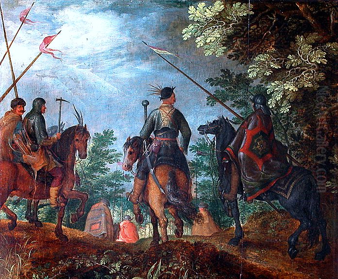 Polish cavalry marching in the wood Oil Painting by Roelant Savery
