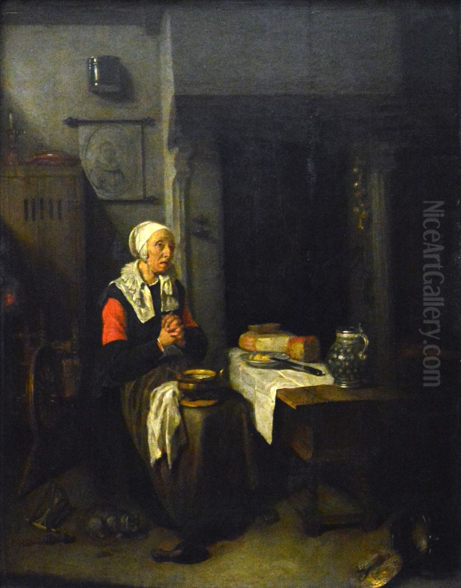 Praying woman at a table, in an interior Oil Painting by Quirijn van Brekelenkam