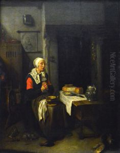 Praying woman at a table, in an interior