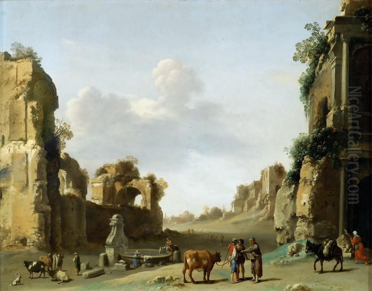 Capriccio of Roman ruins with figures and cattle, Castel Sant' Angelo in the background Oil Painting by Cornelius van Poelenburgh