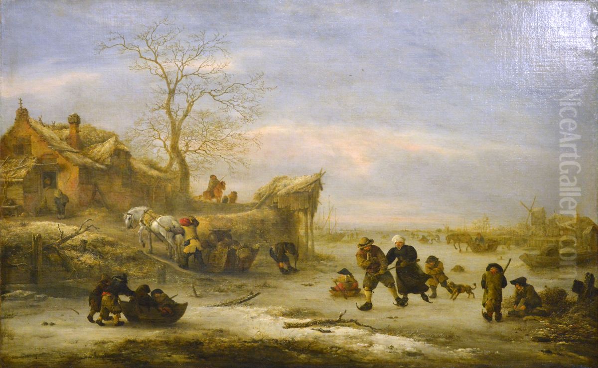 Frozen Canal with Skaters Oil Painting by Isaac Van Ostade