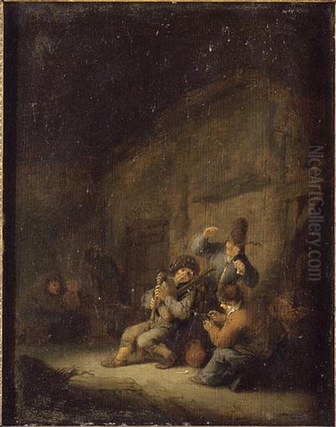 An Interior with a Bagpiper Oil Painting by Adriaen van Ostade