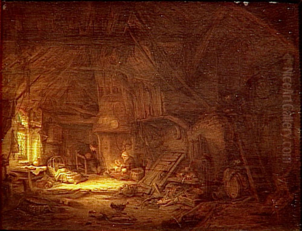 Cottage interior with a family around the hearth Oil Painting by Adriaen van Ostade
