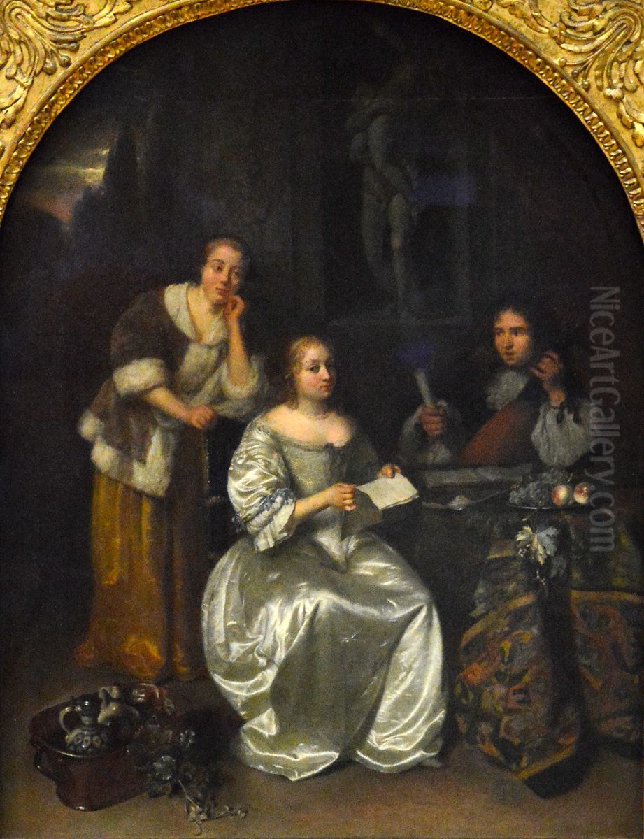 Company playing music on a terrace Oil Painting by Caspar Netscher