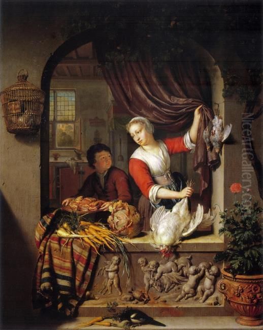 The Poultry Shop Oil Painting by Willem Van Mieris Leiden