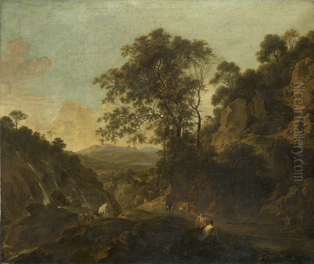 Paysage italianisant avec cascades Oil Painting by Dirck Van Der Lisse