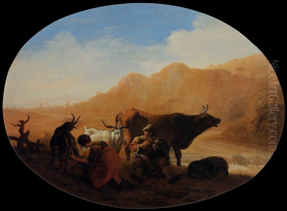 Les Patres: femme trayant une chevre et joueur de flute Oil Painting by Pieter van Laer