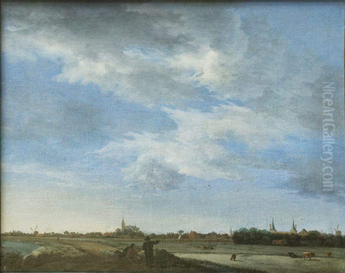 Gezicht op Ilpendam vanuit het zuidwesten; links de Hervormde Kerk, rechts kasteel Ilpenstein (van 1630 tot 1677 in het bezit van Frans Banning Cocq) Oil Painting by Anthonie Van Borssom