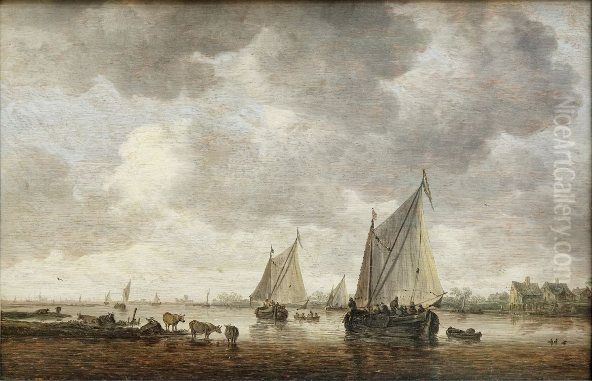 Two Sailboats on a River with Cattle on the Riverbank Oil Painting by Jan van Goyen