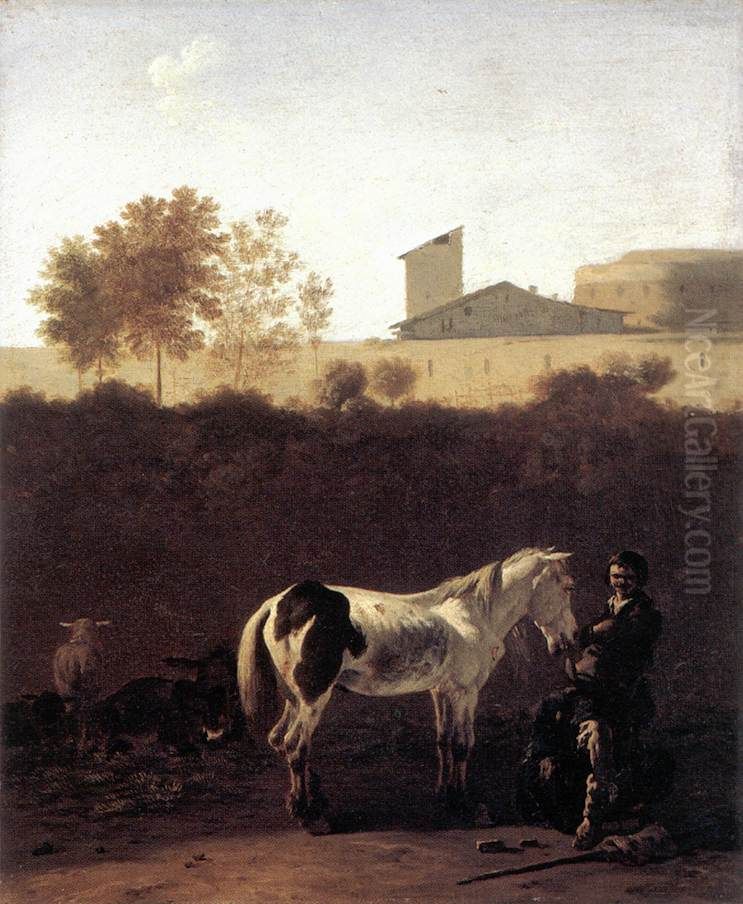 Italian Landscape with Herdsman and a Piebald Horse Oil Painting by Karel Dujardin