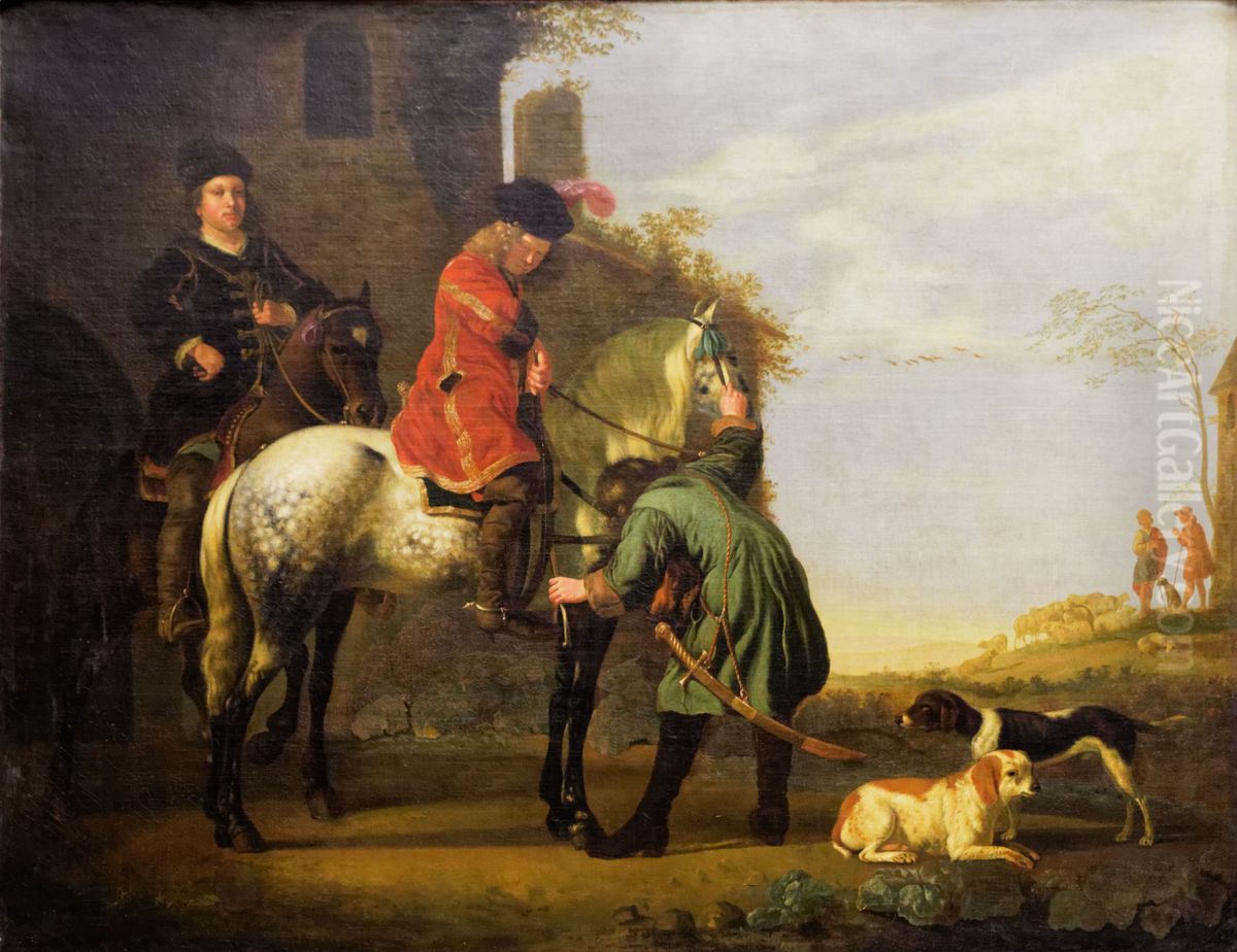 Departure of Two Riders at an Inn Oil Painting by Aelbert Cuyp
