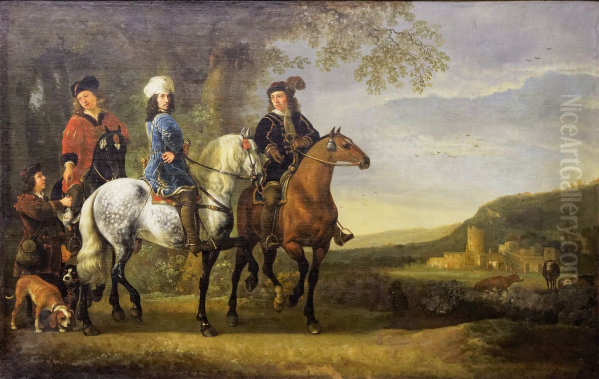 Three hunters on horseback in a landscape Oil Painting by Aelbert Cuyp