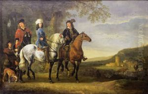 Three hunters on horseback in a landscape
