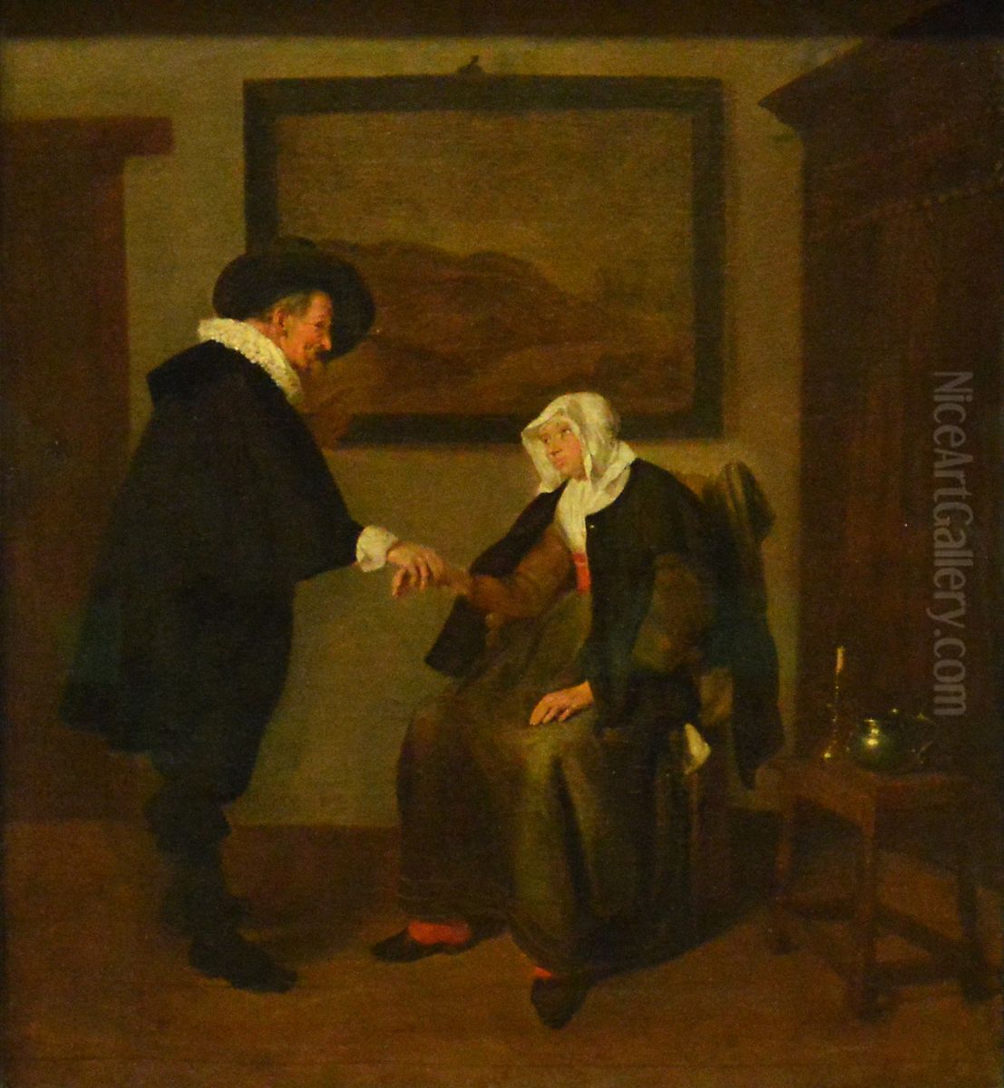 Interior with a man feeling a woman's pulse Oil Painting by Quirijn van Brekelenkam