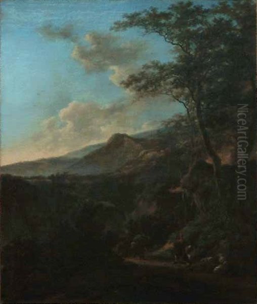 Paysage avec patres et muletiers dans un chemin creux, au soleil couchant Oil Painting by Jan Both