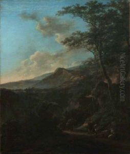 Paysage avec patres et muletiers dans un chemin creux, au soleil couchant