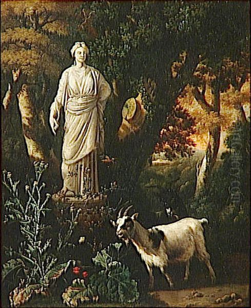 Landscape with goats at the foot of a statue Oil Painting by Abraham Begeyn