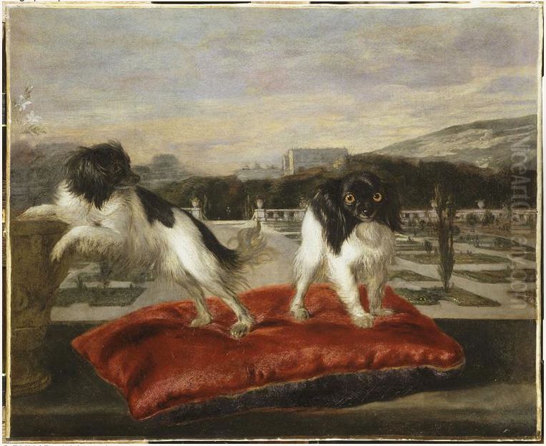 Two small dogs on the terrace of an Italianate garden Oil Painting by Nicasius Bernaerts