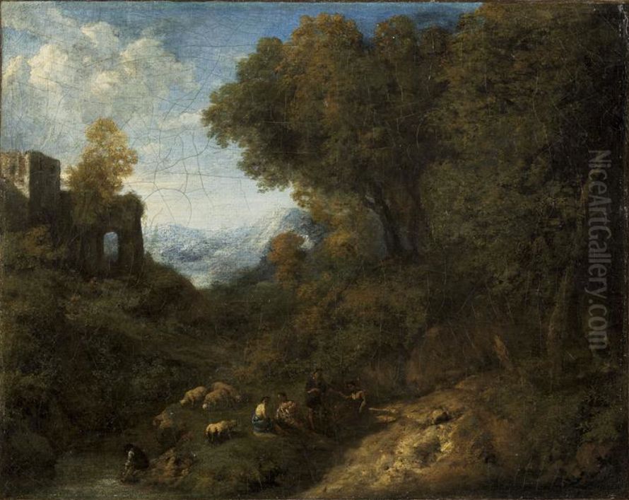 Landscape with a ruin - shepherds and herds at the creek Oil Painting by Cornelis Huysmans