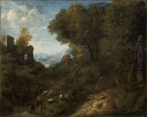 Landscape with a ruin - shepherds and herds at the creek