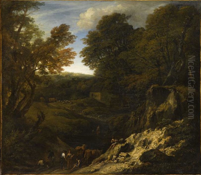 Landscape with shepherds and herds at the edge of a pond and near an illuminated Talus Oil Painting by Cornelis Huysmans