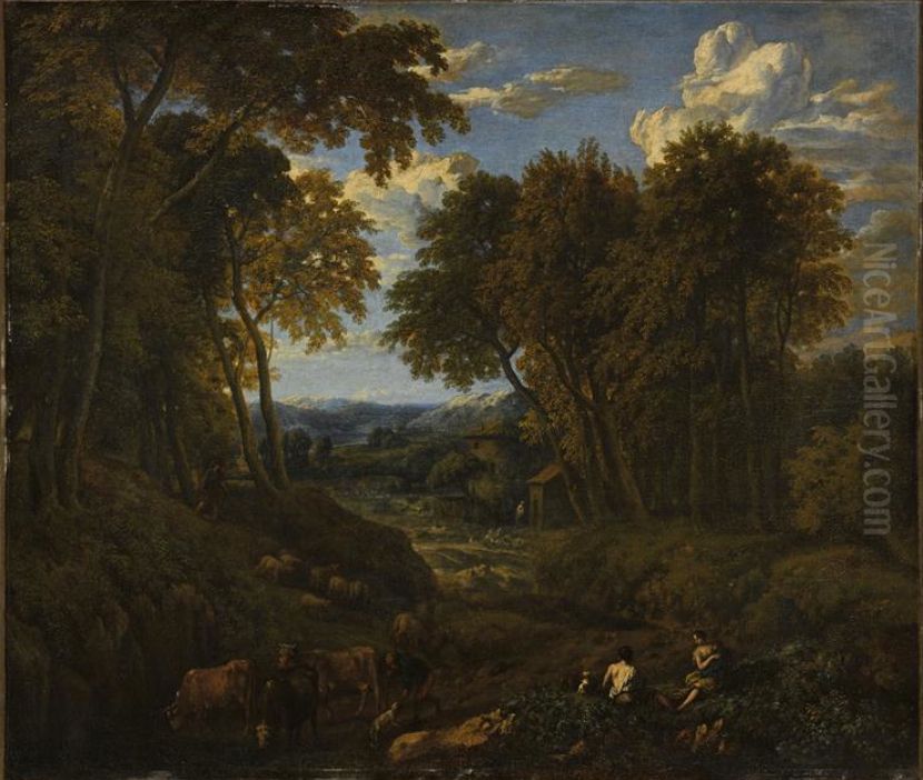 Paysage avec bergers et troupeau dans un chemin forestier Oil Painting by Cornelis Huysmans