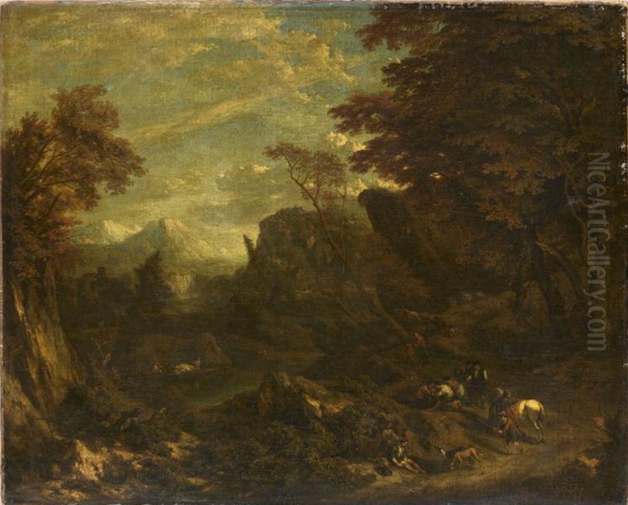 Paysage avec voyageurs se reposant au bord d'un chemin Oil Painting by Cornelis Huysmans