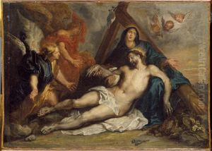 Le Christ mort pleure par la Vierge et des anges