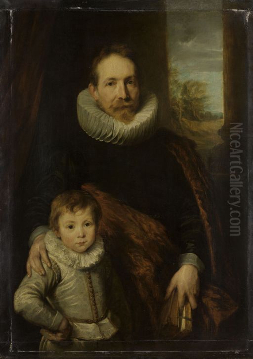 Portrait of a man with his son, possibly  Johannes Van de Wouwer (Woverius ) (1576-1636) Oil Painting by Sir Anthony Van Dyck