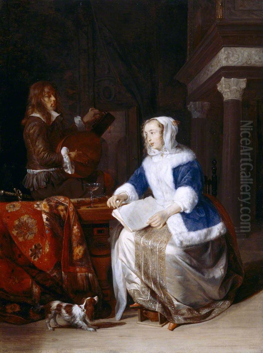 The Duet ('Le corset bleu') Oil Painting by Gabriel Metsu
