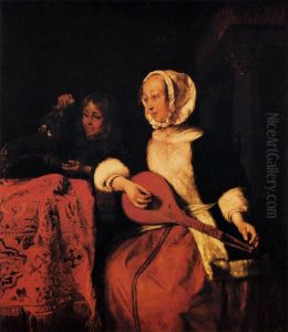 Woman tuning a cittern and a boy playing with a dog
