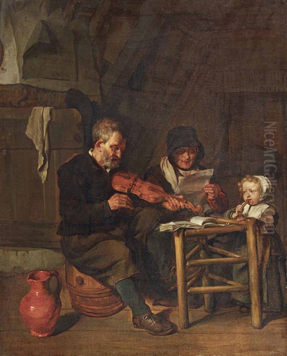 Soo de oude songen, soo piepen de jongen Oil Painting by Gabriel Metsu
