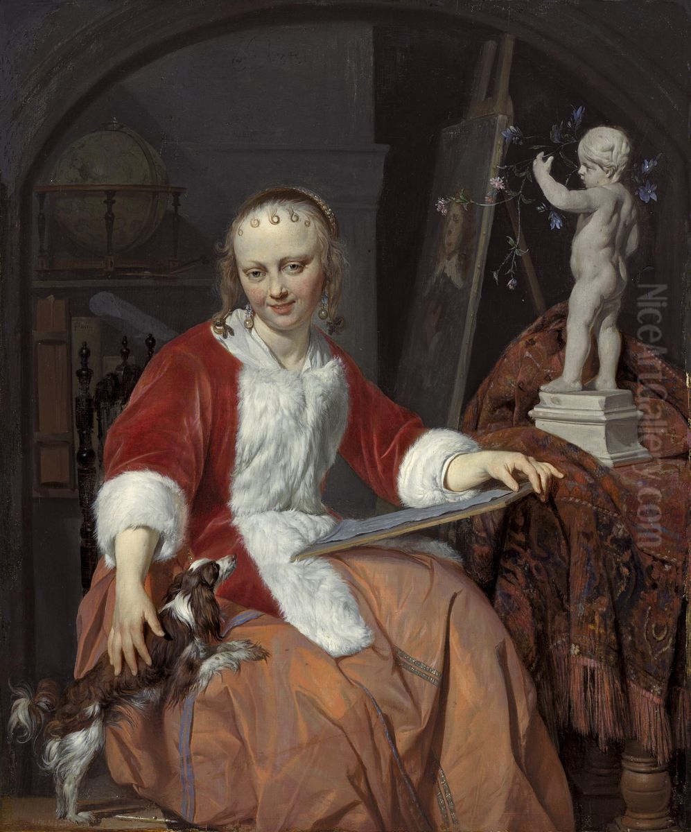 Portrait of Isabella de Wolff (....-1718) as artist Oil Painting by Gabriel Metsu
