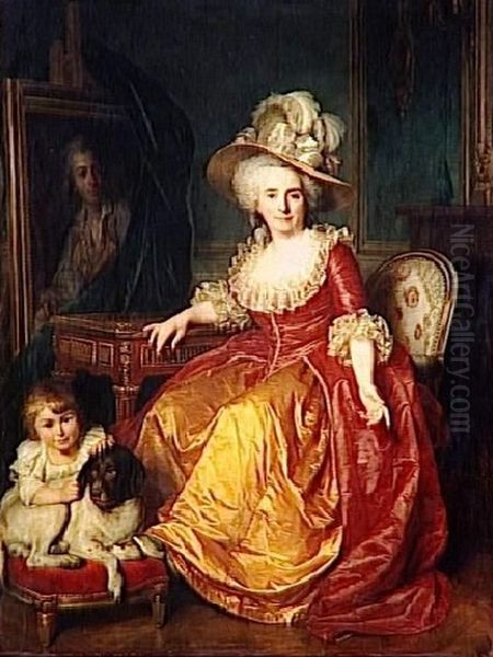 Madame Vestier ayant a ses pieds un enfant qui pince l'oreille d'un chien Oil Painting by Antoine Vestier