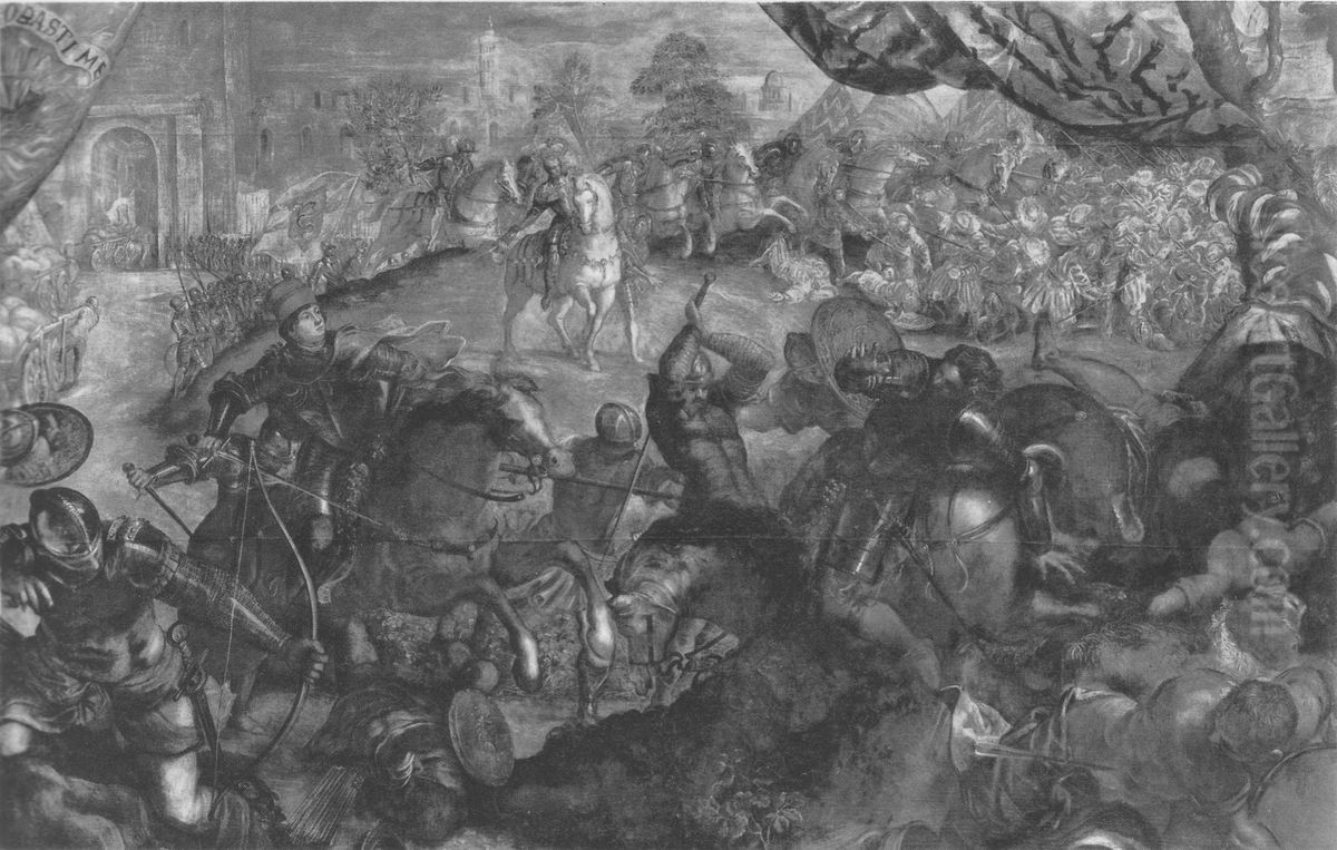 Federico I Gonzaga libera Legnano dall`assedio degli Svizzeri. Oil Painting by Jacopo Tintoretto