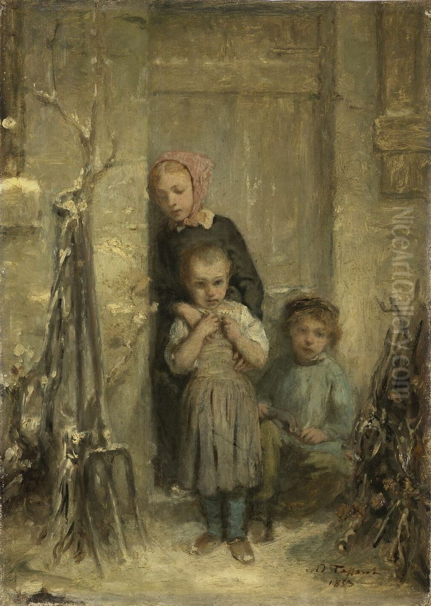 Children in the snow Oil Painting by Octave Tassaert