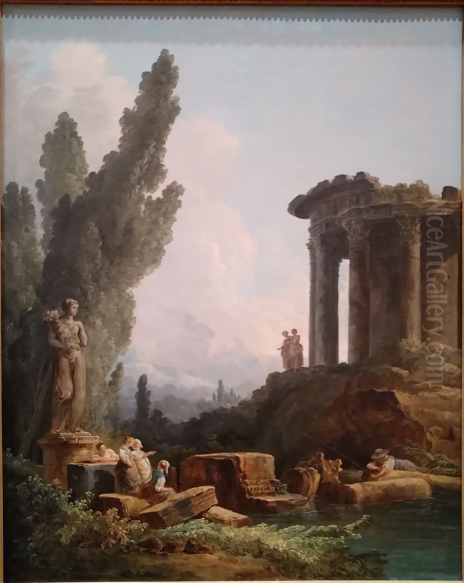 Jeunes filles devant une statue de l'Abondance Oil Painting by Hubert Robert