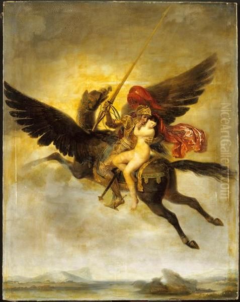 Ruggiero rescuing Angelica Oil Painting by Louis-Edouard Rioult