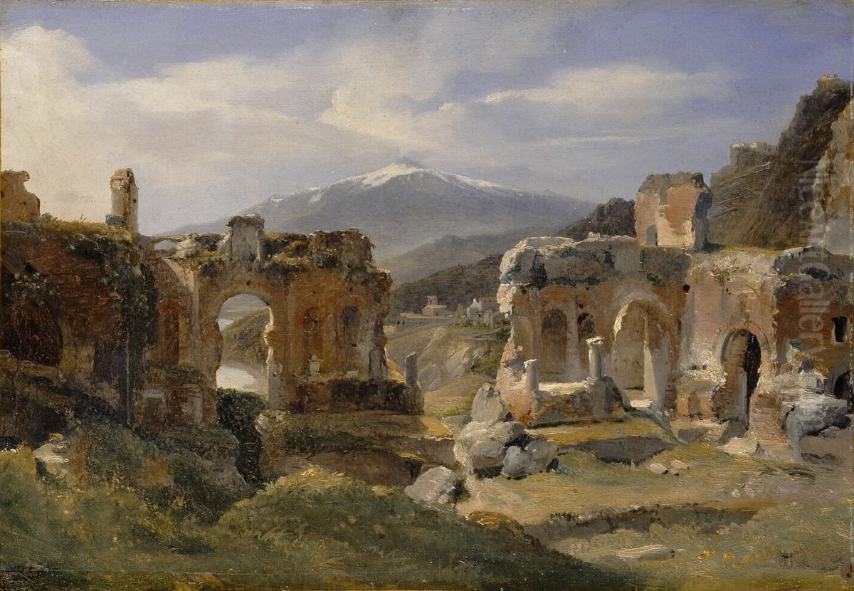Ruines du theatre de Taormine (Sicile) Oil Painting by Achille Etna Michallon