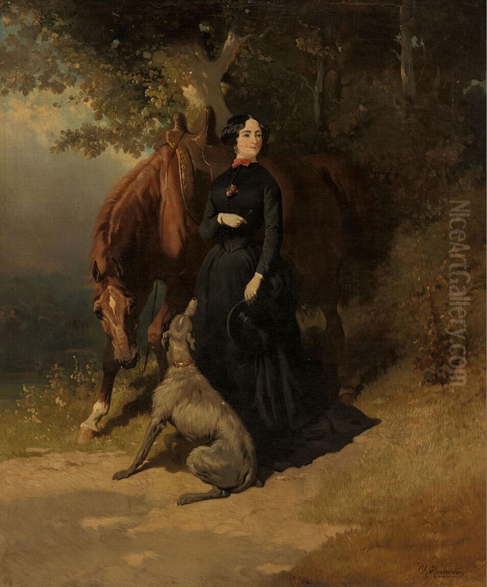 A Horsewoman Standing in a Landscape Oil Painting by Charles Rochussen
