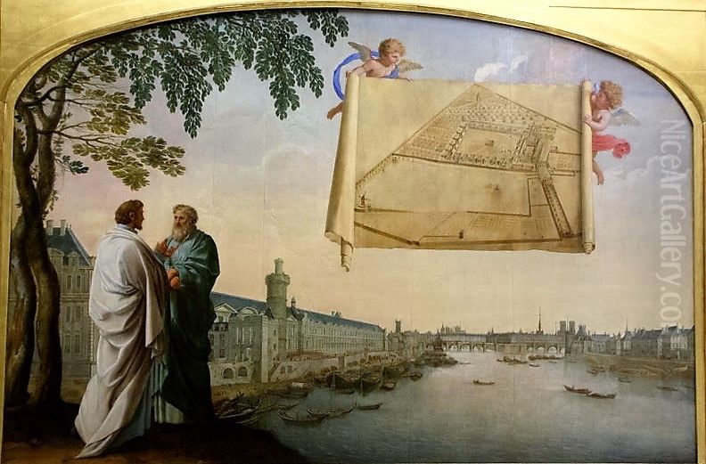 Plan of the Charterhouse of Paris held by two angels Oil Painting by Eustache Le Sueur Plan of the Charterhouse of Paris held by two angels Oil Painting by Eustache Le Sueur